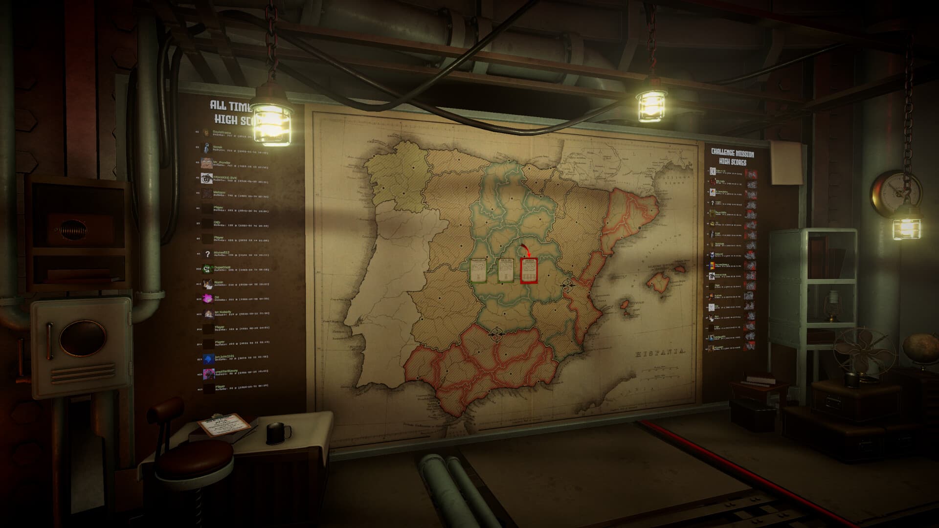 IRON NEST leaderboard and map of Spain on wall